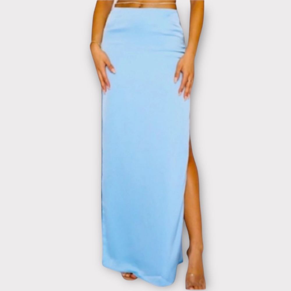 White Fox Stuck With Me Skirt XS Ice Blue Satin Feel High Slit Maxi Midi NWT